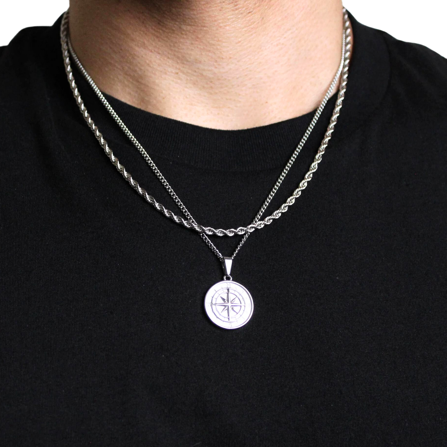 Compass Pendant X Rope Chain Set (Silver)