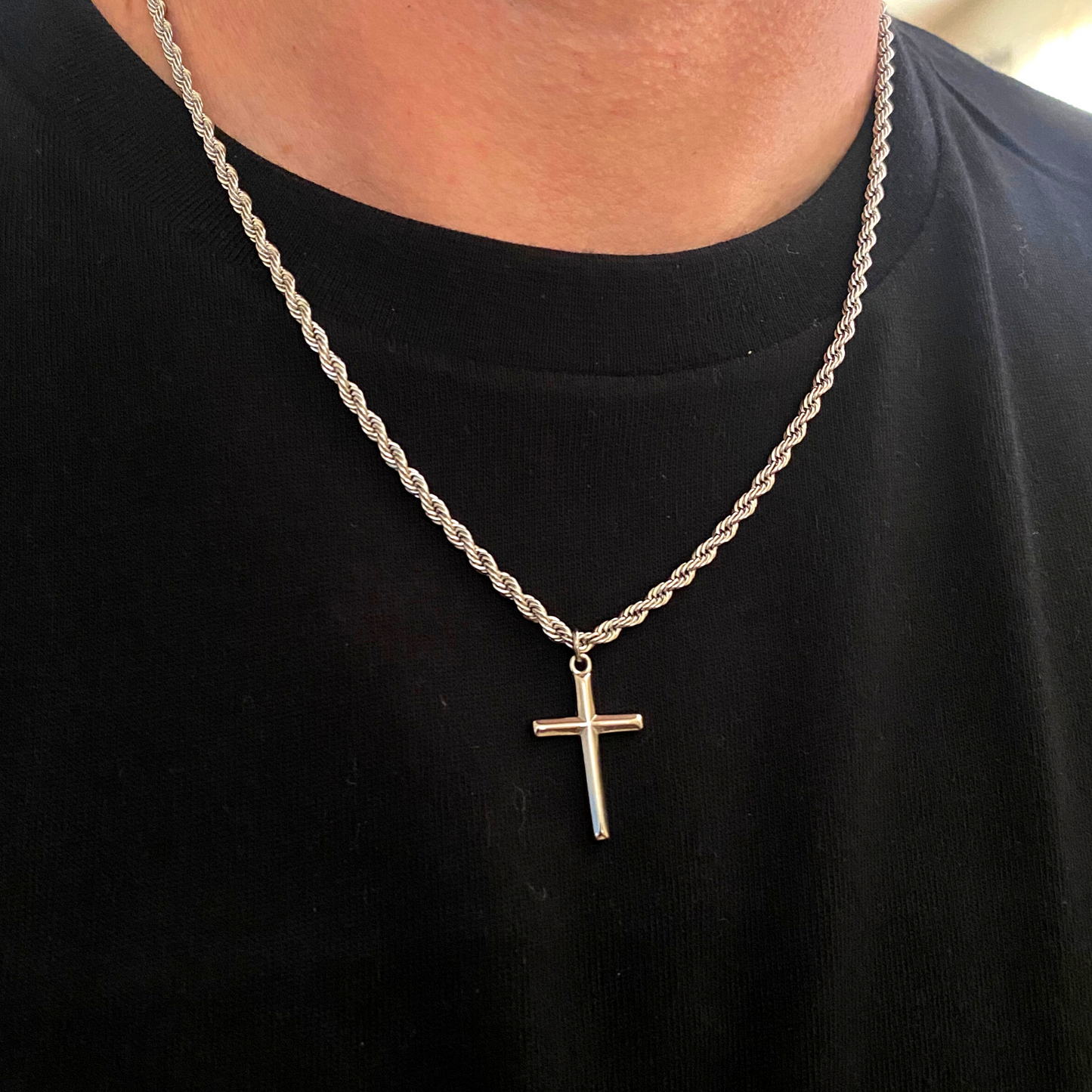 Cross Pendant with Rope Chain (Silver)