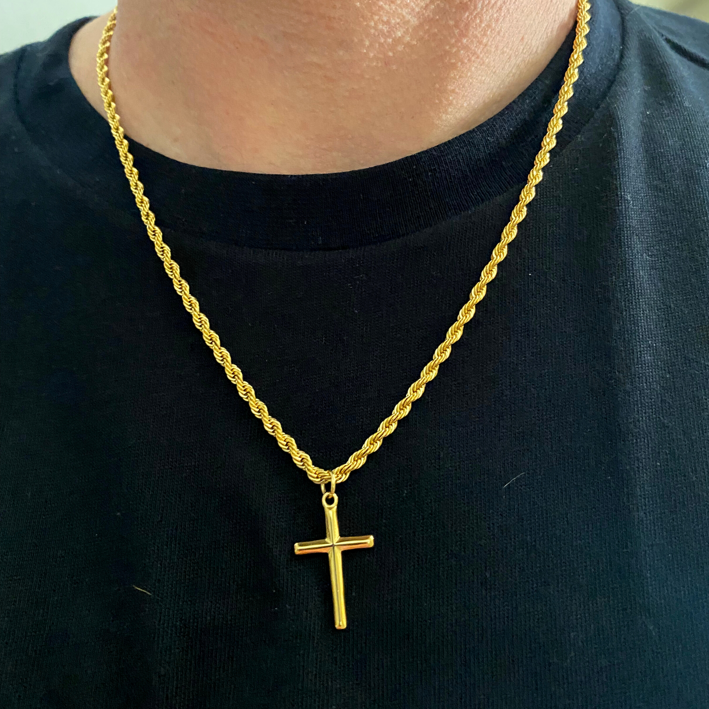 Cross Pendant with Rope Chain (Gold)