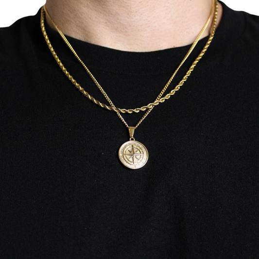 Compass Pendant X Rope Chain Set (Gold)