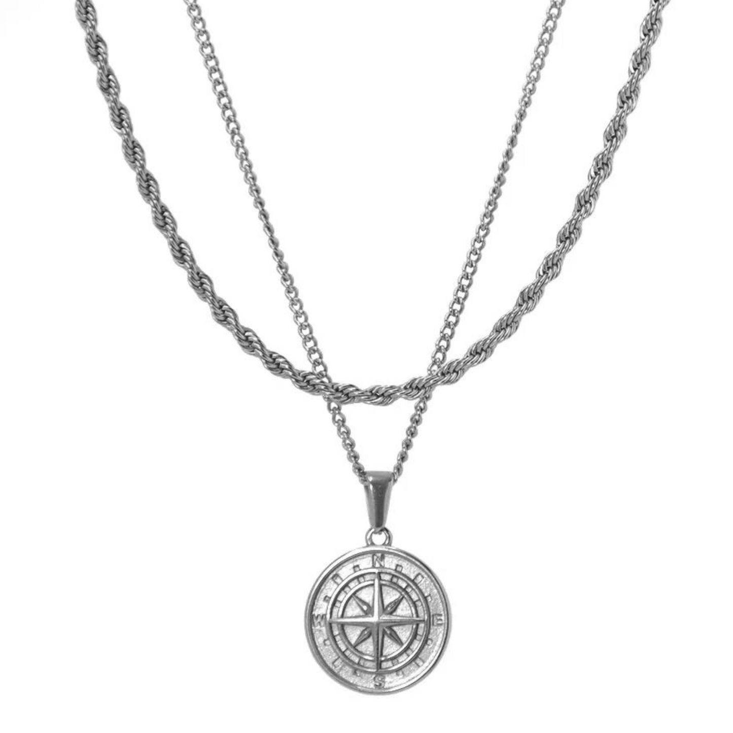 Compass Pendant X Rope Chain Set (Silver)