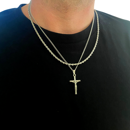 Crucifix Pendant Necklace X Rope Chain Set (Silver)