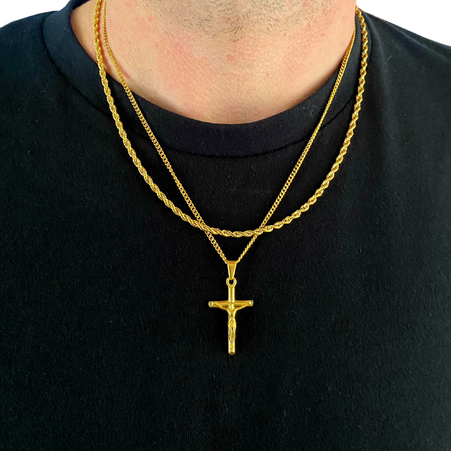Crucifix Pendant Necklace X Rope Chain Set (Gold)