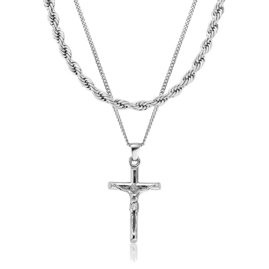 Crucifix Pendant Necklace X Rope Chain Set (Silver)