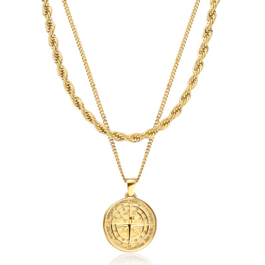 Compass Pendant X Rope Chain Set (Gold)