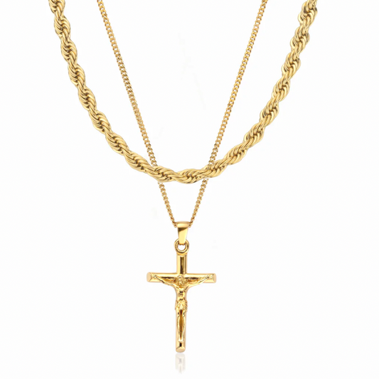 Crucifix Pendant Necklace X Rope Chain Set (Gold)